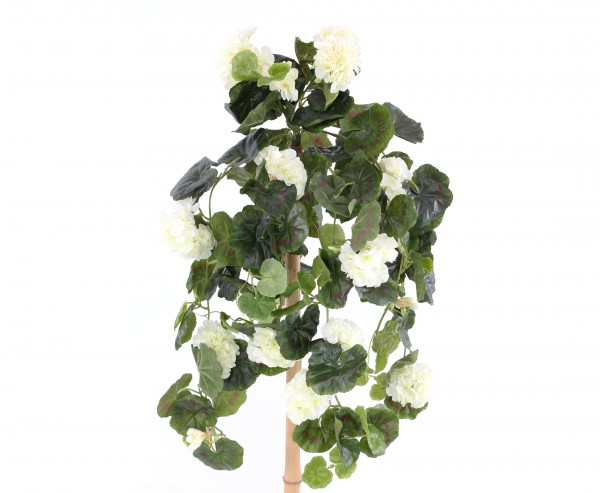 Kunstblume Geranie hängend mit 22 weißen Blüten und 128 Blätter, 70cm
