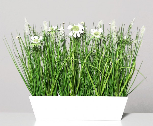 Kunstblumen Wiesen Arrangement creme-weiß farbig in Schale mit 42cm