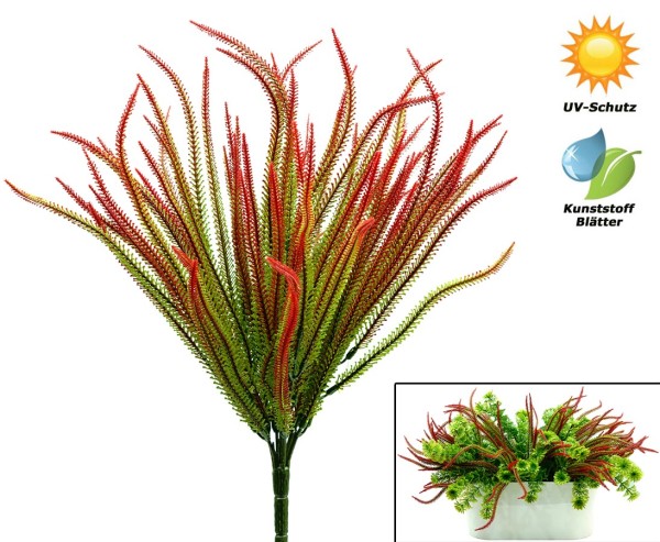 Künstlicher Heidekrautbusch wetterfest mit 7 UV-sichere grün-Rot farbigen PE Zweige 42cm