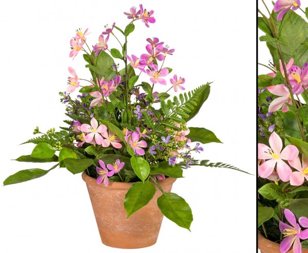Kunstblumen Wiesen Arrangement lila rosa farbig im Topf mit 37cm