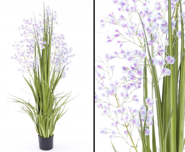 Künstliches Orchideengras mit blau-lila farbigen Blüten 140cm