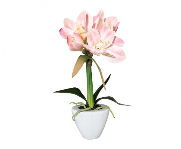 Amaryllis Kunstblume 37cm mit rosa farbigen Blüten im Keramiktopf
