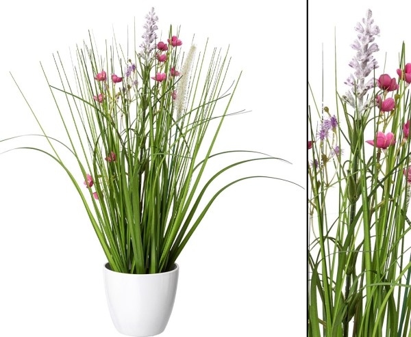 Kunstpflanzen Wiesenblumengras pink-lila farbig im Topf mit 41cm