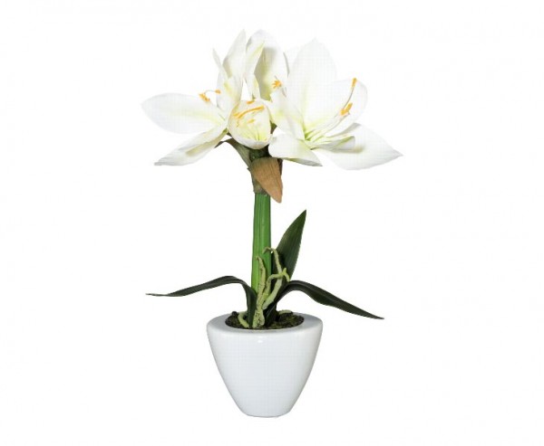 Amaryllis Kunstblume 37cm mit weiß farbigen Blüten im Keramiktopf