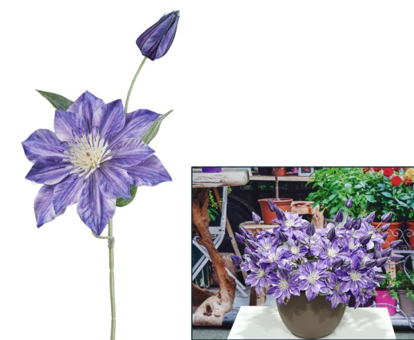 Clematis Kunstblume 46cm mit bläulich farbiger Blüte und Knospe