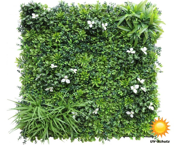 Grüne Wandverkleidung 100x100cm aus verschiedenen PE Blättern und weißen Blüten UV-beständig