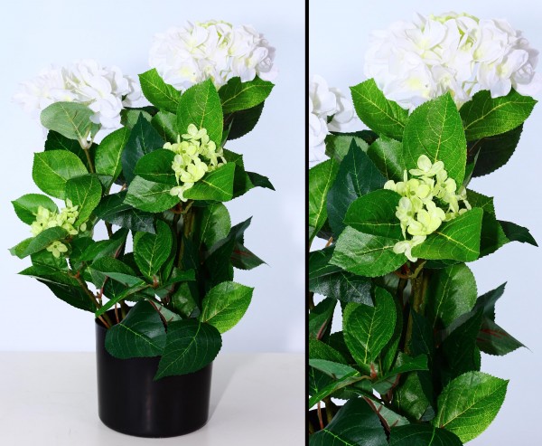 Kunstblumen Hortensien im Topf 50cm hoch mit weiß/creme farbenen Blüten