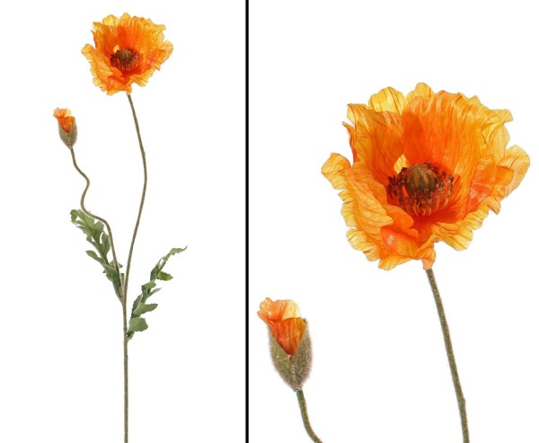 Künstliche Mohnblume 62cm mit orangefarbigen Blüten und beflockten Stiel